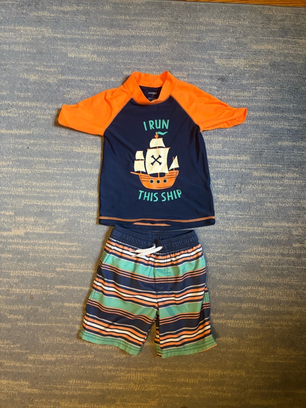 Kids Navy & Orange Rash Guard Set with Striped Swim Shorts 4T